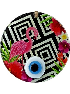 Pembe Flamingolu Çiçekli Nazar Boncuklu 15 Santimetre Çapında Duvar Süsü