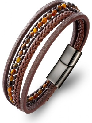 Karpınar Çelik Takı Kaplan Gözü Doğaltaş ve Deri Bileklik