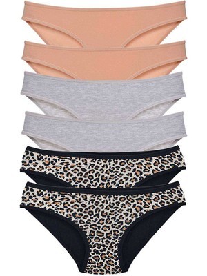 Zenvia 6 Adet Likralı Kadın Slip Külot Leopar Ten Gri (ZNV-556)