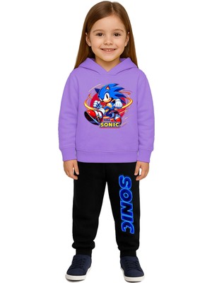 Sedirli Sonic Baskılı Çocuk Eşofman Takımı 3 Iplik Şardonlu Pamuklu Kumaş Kapüşonlu