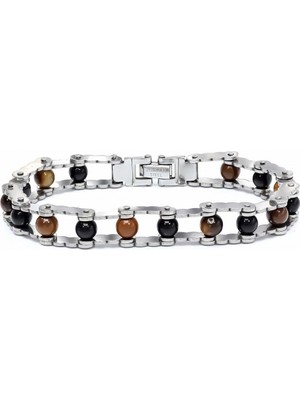 Karpınar Çelik Takı Kaplan Gözü ve Oniks Taşlı Ayarlanabilir Çelik Bileklik