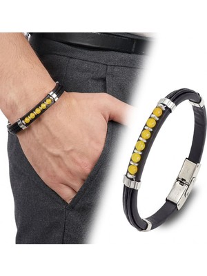 Karpınar Çelik Takı Sarı Akik Taşlı Deri Bileklik