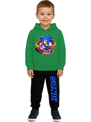 Sedirli Sonic Baskılı Çocuk Eşofman Takımı 3 Iplik Şardonlu Pamuklu Kumaş Kapüşonlu