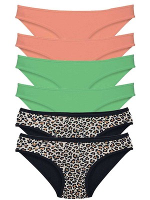 Zenvia 6 Adet Likralı Kadın Slip Külot Leopar Pudra Yeşil (ZNV-556)