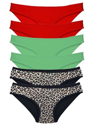 Zenvia 6 Adet Likralı Kadın Slip Külot Leopar Kırmızı Yeşil (ZNV-556)