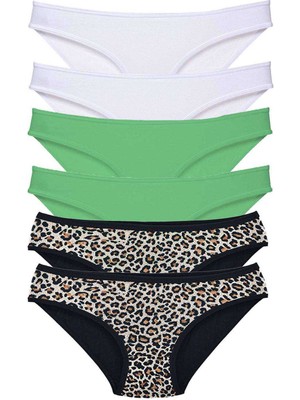 Zenvia 6 Adet Likralı Kadın Slip Külot Leopar Beyaz Yeşil (ZNV-556)
