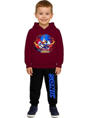 Sedirli Sonic Baskılı Çocuk Eşofman Takımı 3 Iplik Şardonlu Pamuklu Kumaş Kapüşonlu