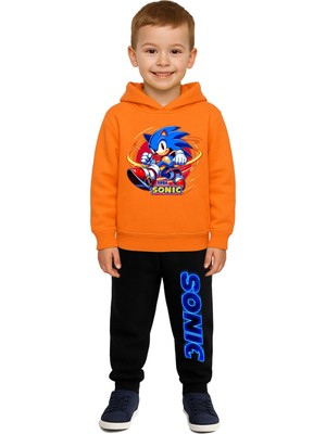 Sedirli Sonic Baskılı Çocuk Eşofman Takımı 3 Iplik Şardonlu Pamuklu Kumaş Kapüşonlu