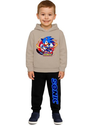 Sedirli Sonic Baskılı Çocuk Eşofman Takımı 3 Iplik Şardonlu Pamuklu Kumaş Kapüşonlu