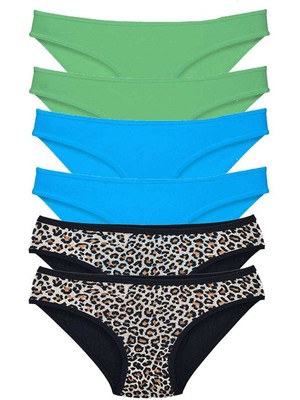 Zenvia 6 Adet Likralı Kadın Slip Külot Leopar Yeşil Mavi (ZNV-556)