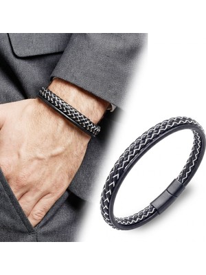 Karpınar Çelik Takı Siyah Beyaz Renk Çoklu Deri Bileklik