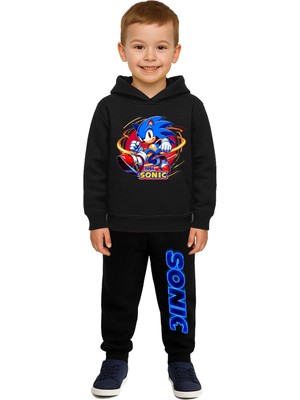 Sedirli Sonic Baskılı Çocuk Eşofman Takımı 3 Iplik Şardonlu Pamuklu Kumaş Kapüşonlu