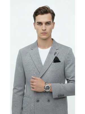 Plus Scorpion Erkek Penye Kumaş Kruvaze Blazer Ceket – 4 Düğmeli Mono Yaka, Torba Cepli, Çift Yırtmaçlı Şık Tasarım