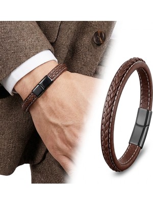 Karpınar Çelik Takı Kahve &amp; Kahve Saç Örgülü Deri ve Çelik Bileklik