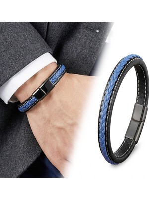 Karpınar Çelik Takı Lacivert & Siyah Saç Örgülü Deri ve Çelik Bileklik