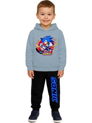 Sedirli Sonic Baskılı Çocuk Eşofman Takımı 3 Iplik Şardonlu Pamuklu Kumaş Kapüşonlu
