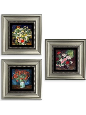 TeknoKapsül Çiçekler 3 Lü Set Çerçeveli Taş Tablo 20 cm