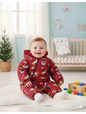 Dublino Kids Yeni Hayvan Desenli Içi Kürklü Su ve Rüzgar Geçirmez Kapüşonlu Kozmonot Tulum