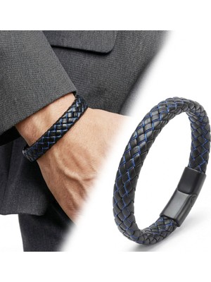 Karpınar Çelik Takı Mavi Siyah Deri Örgü Çelik Bileklik