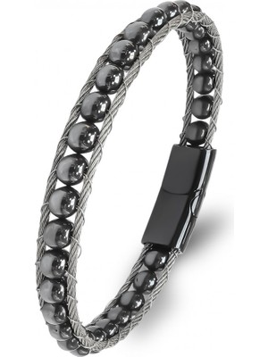 Karpınar Çelik Takı Hematit Doğaltaş ve Çelik Halat Örme Bileklik