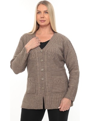 Kadın Düğmeli Cepli V Yaka Örgü Yün Anne Triko Kışlık Hırka