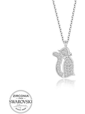 Özcömert Silver Swarovski Taşlı Gümüş Kedi Bayan Kolye