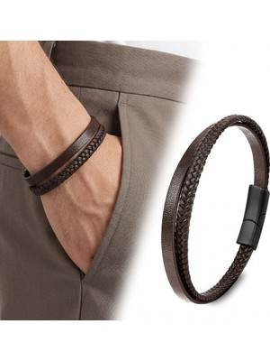 Karpınar Çelik Takı Kahverengi Deri ve Saç Örgü Ikili Çoklu Çelik Bileklik