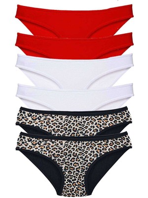 Zenvia 6 Adet Likralı Kadın Slip Külot Leopar Kırmızı Beyaz (ZNV-556)