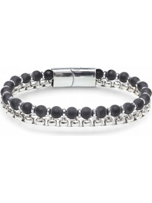 Karpınar Çelik Takı Çelik Zincirli Mat Oniks ve Silver Hematit Bileklik