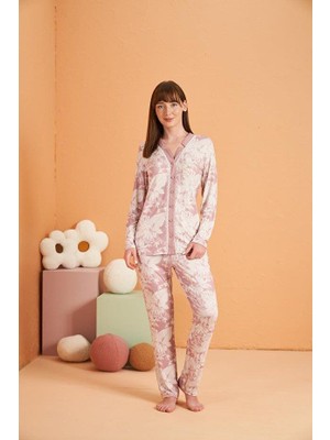 Pjs Kadın Pembe Uzun Kol Boy Düğme Pijama Takımı 28017