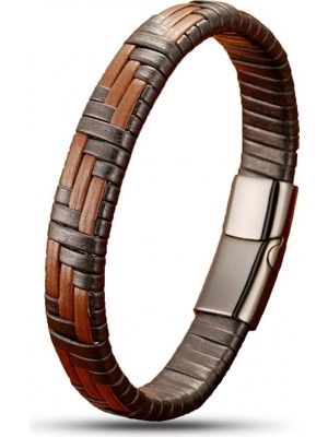 Karpınar Çelik Takı Kahve ve Siyah Deri Örgü ve Çelik Bileklik