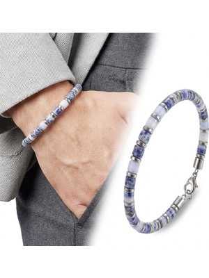 Karpınar Çelik Takı Mavi Aventurin &amp; Silver Hematit Taşlı Ayarlanabilir Çelik Zincir Erkek Bileklik