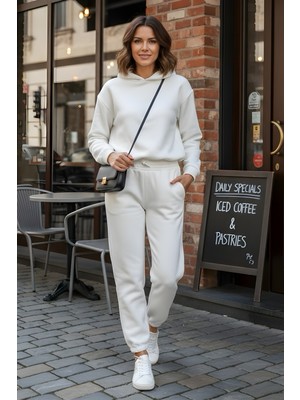 İmaj Butik Ekru Üç İplik İçi Şardonlu Kompak Eşofman Takım