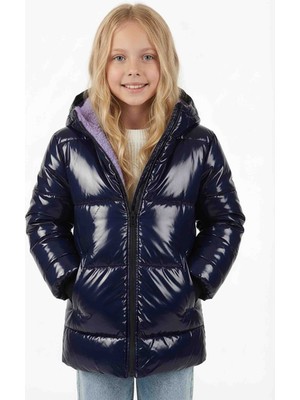 Dublino Kids Parlak Lacivert Içi Mor Welsoftlu Su ve Rüzgar Geçirmez Kapüşonlu Kız Çocuk Montu