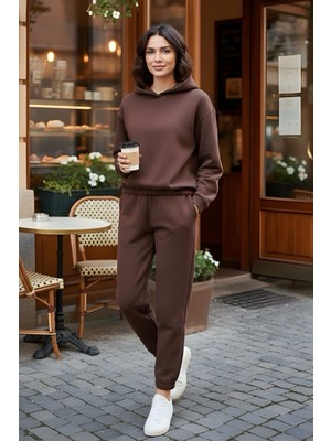 İmaj Butik Kahverengi Üç İplik İçi Şardonlu Kompak Eşofman Takım