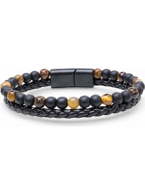 Karpınar Çelik Takı Kaplan Gözü ve Oniks Doğaltaş Deri Çelik Bileklik