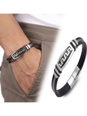 Karpınar Çelik Takı Meander Motifli Çelik Halatlı Deri Erkek Bileklik