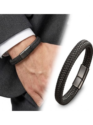 Karpınar Çelik Takı Siyah Deri Örgü Çelik Bileklik