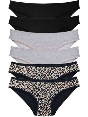 Zenvia 6 Adet Likralı Kadın Slip Külot Leopar Siyah Gri (ZNV-556)