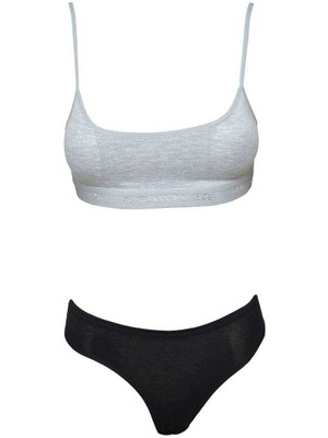 Zenvia Pedli Ip Askılı Yarım Atlet Büstiyer Külot Takım Gri Siyah (ZNV-556)