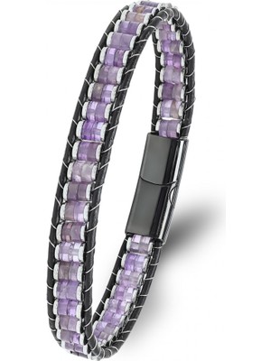 Karpınar Çelik Takı Ametist &amp; Hematit Çelik Örgülü Deri Bileklik