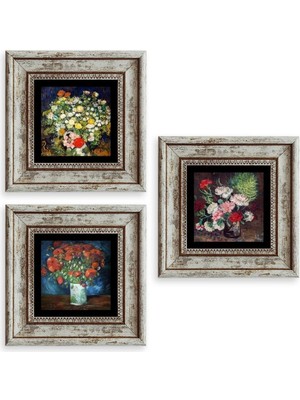 TeknoKapsül Çiçekler 3 Lü Set Çerçeveli Taş Tablo 20 cm