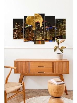 TeknoKapsül Ay ve Şehir Manzarası 5 Parçalı Mdf Tablo 60 x 100