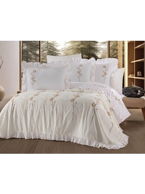 Dionisos Home Tekstil Nakışlı Fırfırlı Gelin Seti - Pamuklu Nevresim Takımı 8 Parça Çift Kişilik-Bej