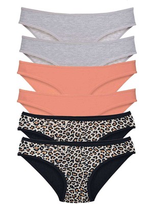 Zenvia 6 Adet Likralı Kadın Slip Külot Leopar Gri Pudra (ZNV-556)