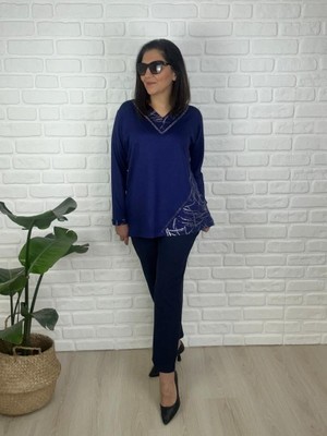 Charamela Büyük Beden Taş Detaylı Parlak Baskı Penye Viskon Bluz -BGB151