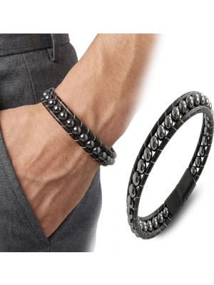 Karpınar Çelik Takı 6mm Hematit Taşlı Deri Kordon ve Çelik Bileklik