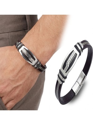 Karpınar Çelik Takı Deri Kordonlu Çelik Halat Erkek Bileklik