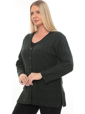 Kadın Düğmeli Cepli V Yaka Örgü Yün Anne Triko Kışlık Hırka