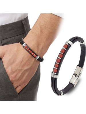 Karpınar Çelik Takı Kırmızı Akik Taşlı Deri Bileklik